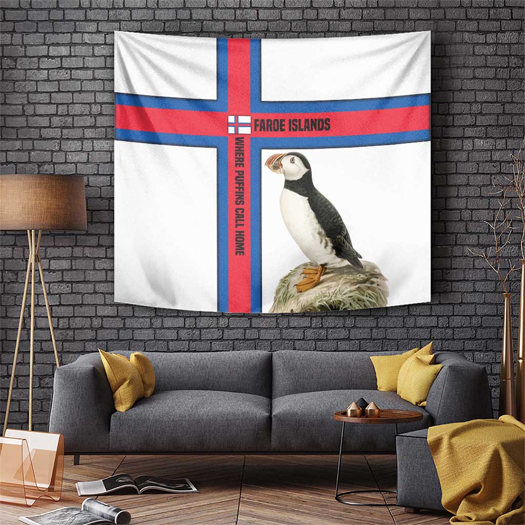 Faroe Islands Tapestry with Red Blue Cross Design and Puffin Bird - Wonder Print Shop