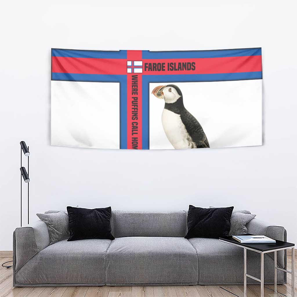 Faroe Islands Tapestry with Red Blue Cross Design and Puffin Bird - Wonder Print Shop
