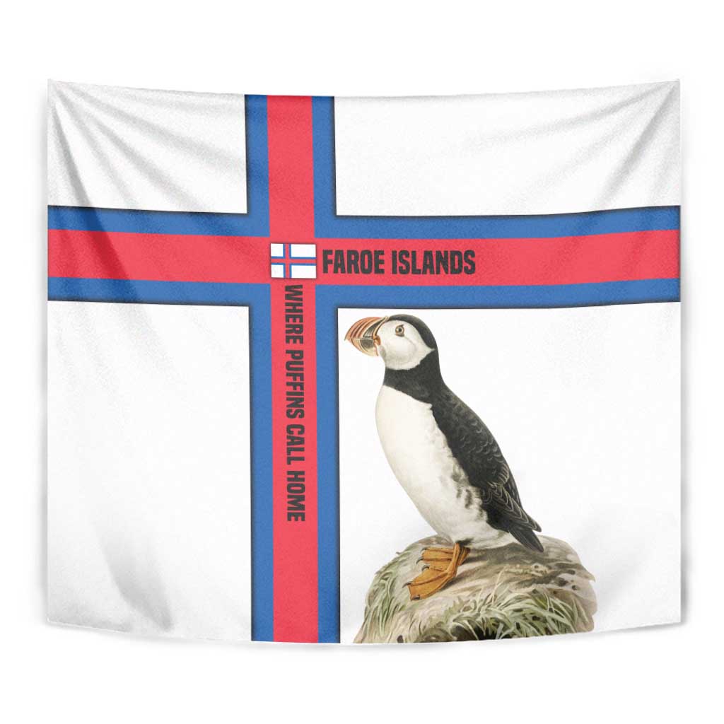 Faroe Islands Tapestry with Red Blue Cross Design and Puffin Bird - Wonder Print Shop