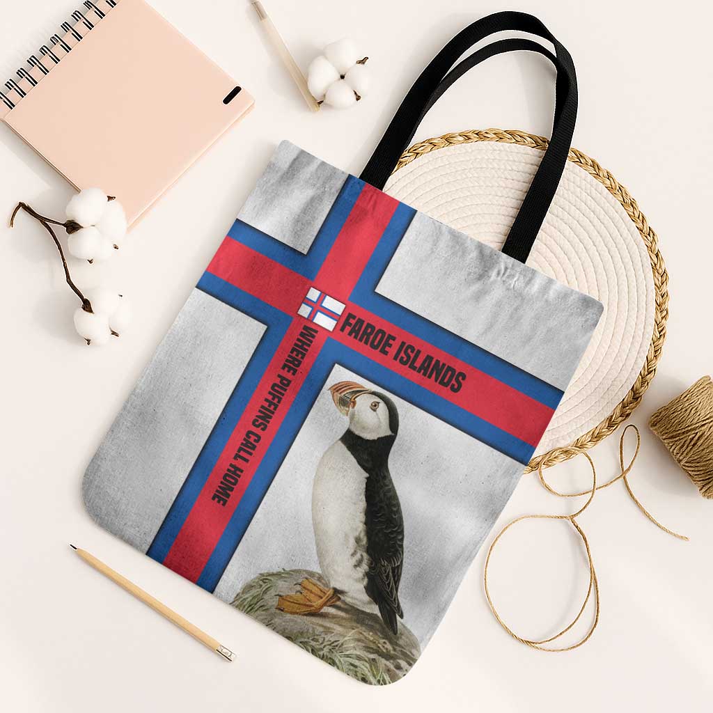 Faroe Islands Tote Bag with Red Blue Cross Design and Puffin Bird - Wonder Print Shop