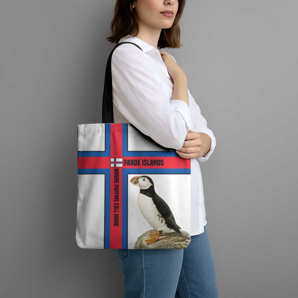 Faroe Islands Tote Bag with Red Blue Cross Design and Puffin Bird - Wonder Print Shop
