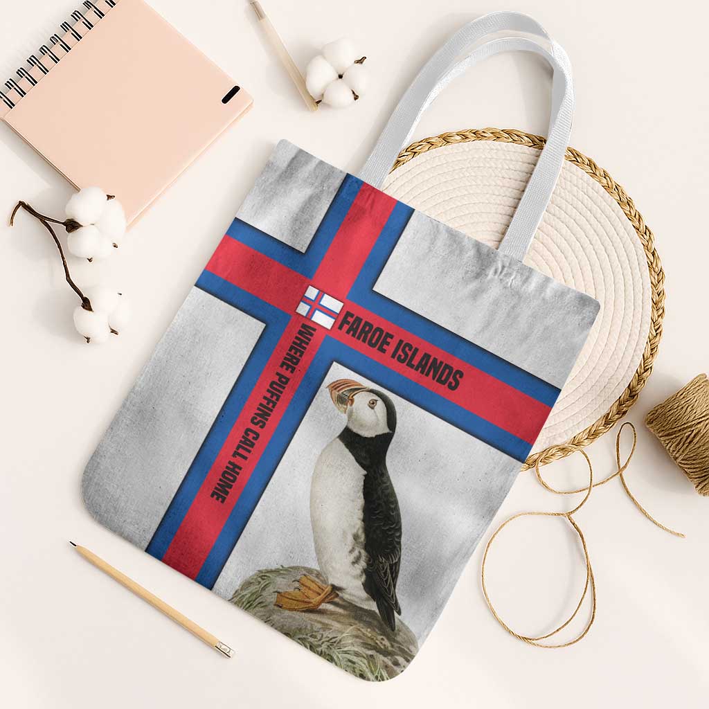 Faroe Islands Tote Bag with Red Blue Cross Design and Puffin Bird - Wonder Print Shop