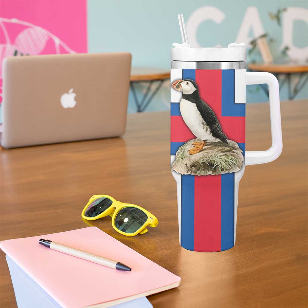 Faroe Islands Tumbler With Handle with Red Blue Cross Design and Puffin Bird - Wonder Print Shop