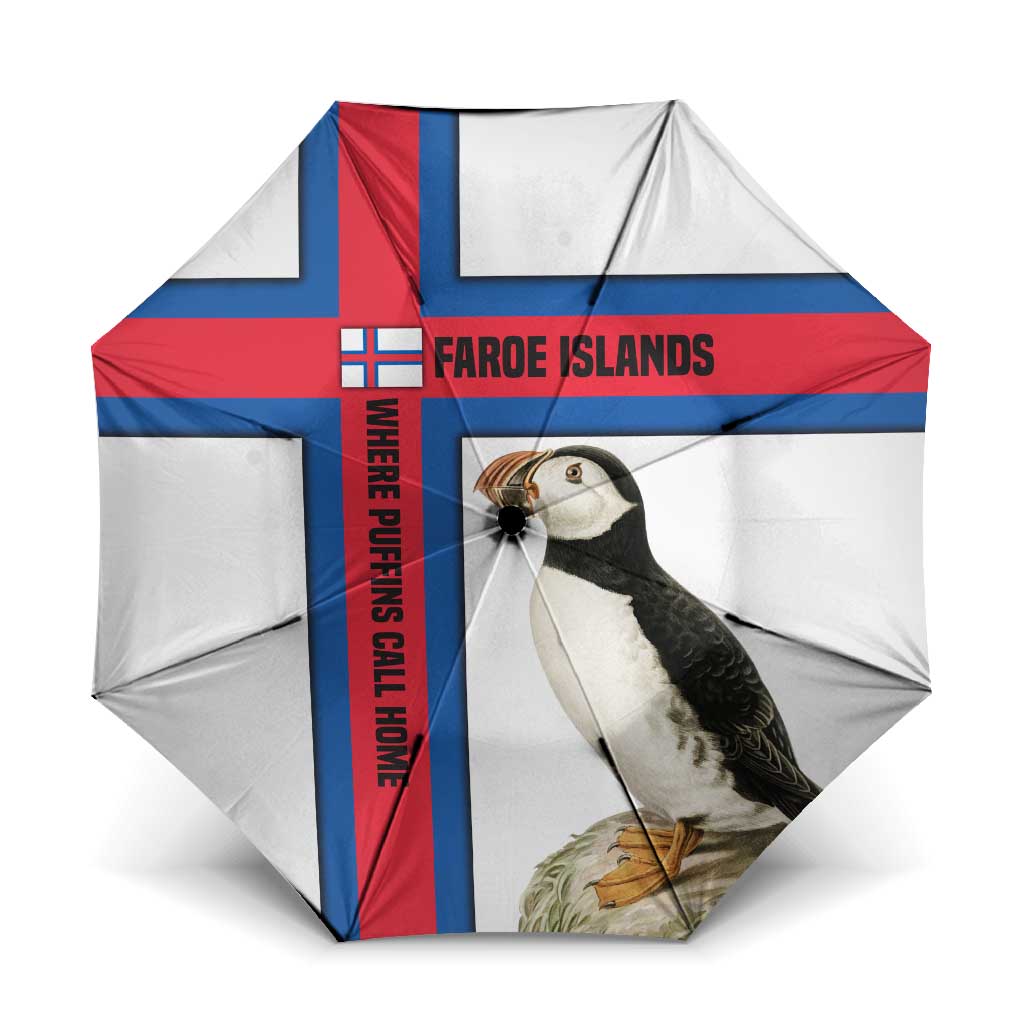 Faroe Islands Umbrella with Red Blue Cross Design and Puffin Bird - Wonder Print Shop