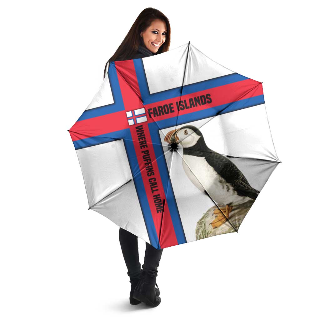 Faroe Islands Umbrella with Red Blue Cross Design and Puffin Bird - Wonder Print Shop