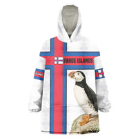 Faroe Islands Wearable Blanket Hoodie with Red Blue Cross Design and Puffin Bird - Wonder Print Shop