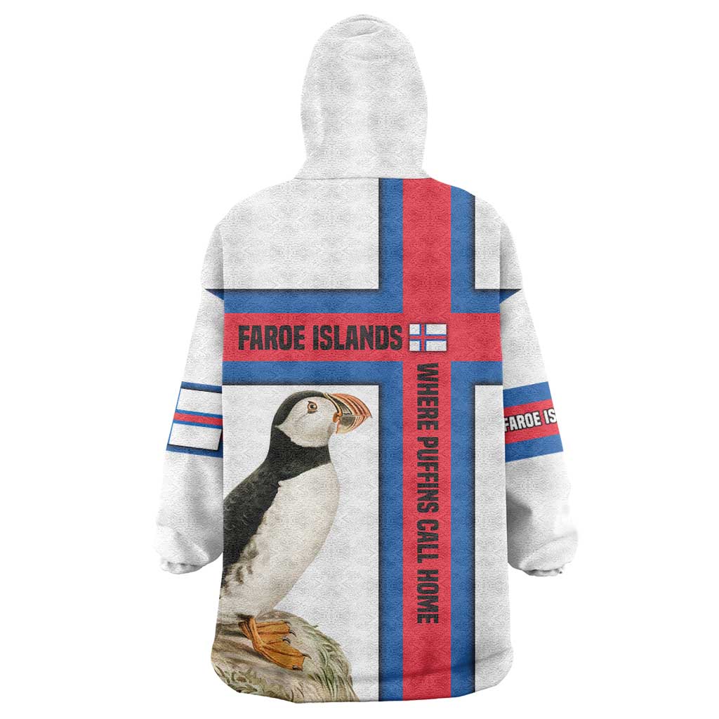 Faroe Islands Wearable Blanket Hoodie with Red Blue Cross Design and Puffin Bird - Wonder Print Shop
