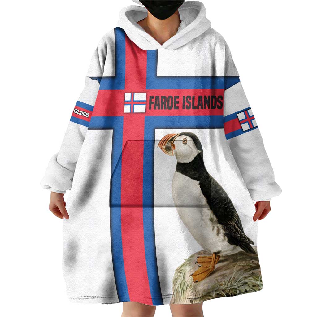 Faroe Islands Wearable Blanket Hoodie with Red Blue Cross Design and Puffin Bird - Wonder Print Shop
