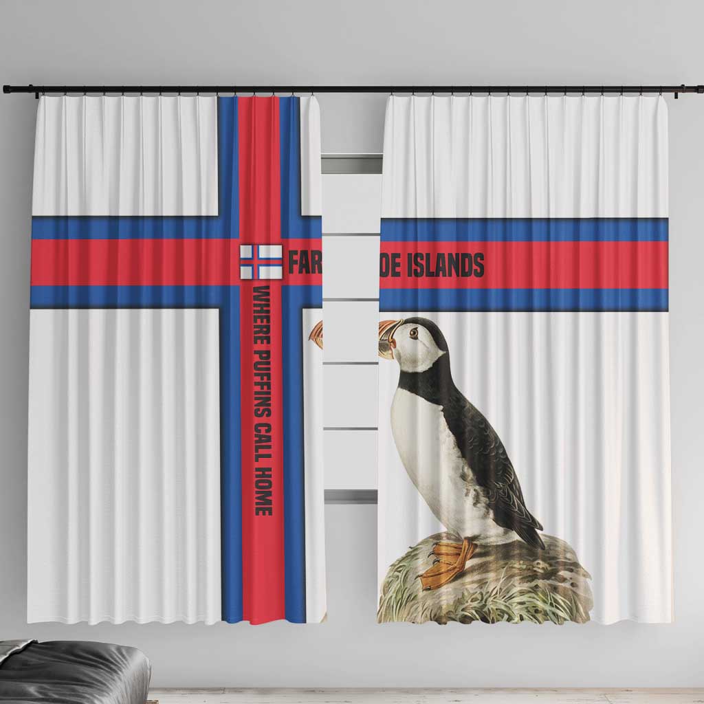 Faroe Islands Window Curtain with Red Blue Cross Design and Puffin Bird - Wonder Print Shop