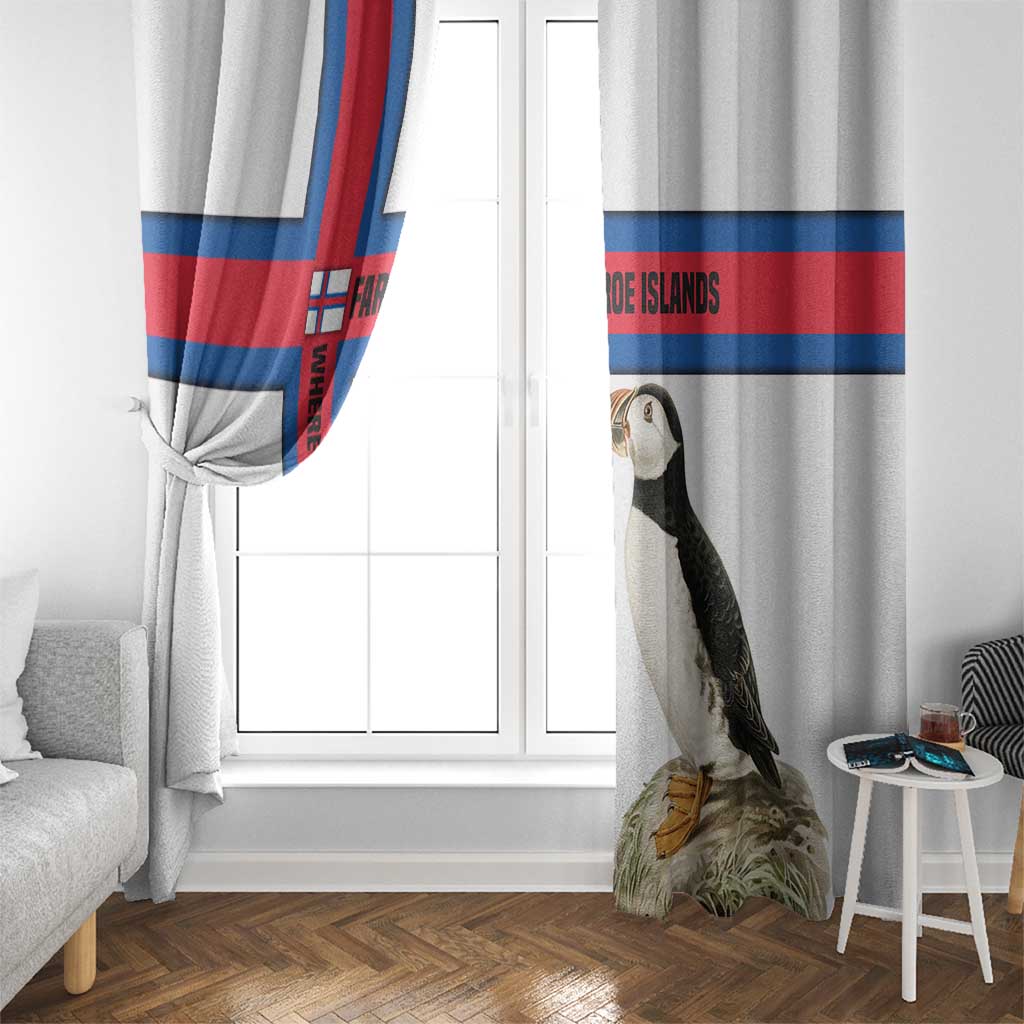 Faroe Islands Window Curtain with Red Blue Cross Design and Puffin Bird - Wonder Print Shop