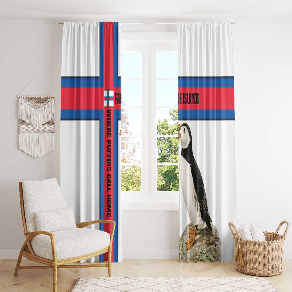 Faroe Islands Window Curtain with Red Blue Cross Design and Puffin Bird - Wonder Print Shop