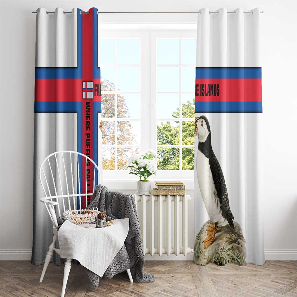 Faroe Islands Window Curtain with Red Blue Cross Design and Puffin Bird - Wonder Print Shop