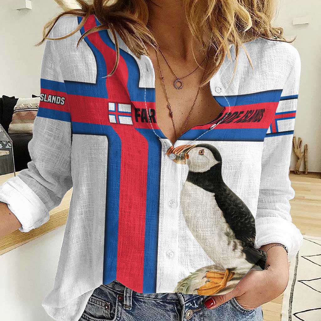 Faroe Islands Women Casual Shirt with Red Blue Cross Design and Puffin Bird - Wonder Print Shop
