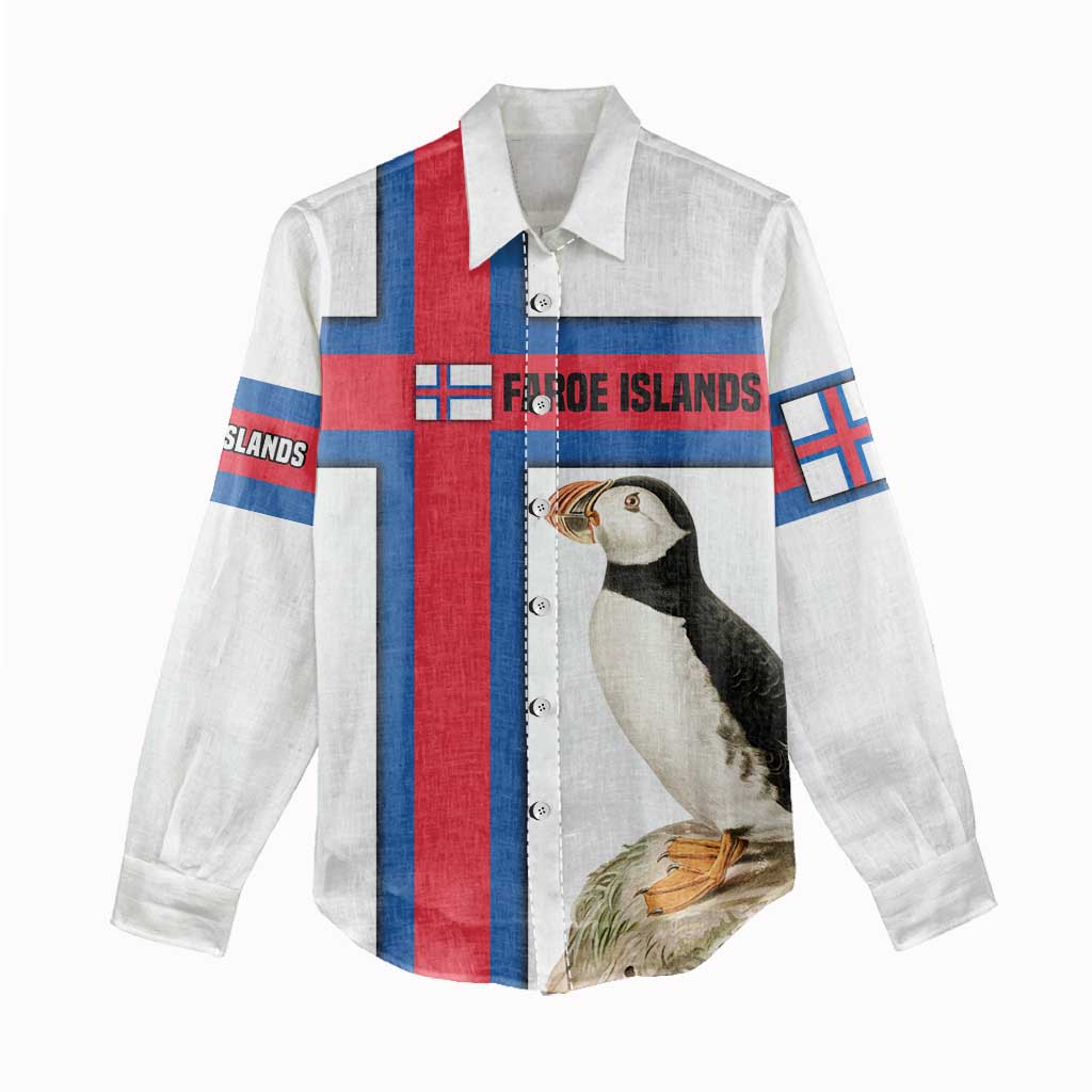 Faroe Islands Women Casual Shirt with Red Blue Cross Design and Puffin Bird - Wonder Print Shop