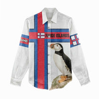 Faroe Islands Women Casual Shirt with Red Blue Cross Design and Puffin Bird - Wonder Print Shop