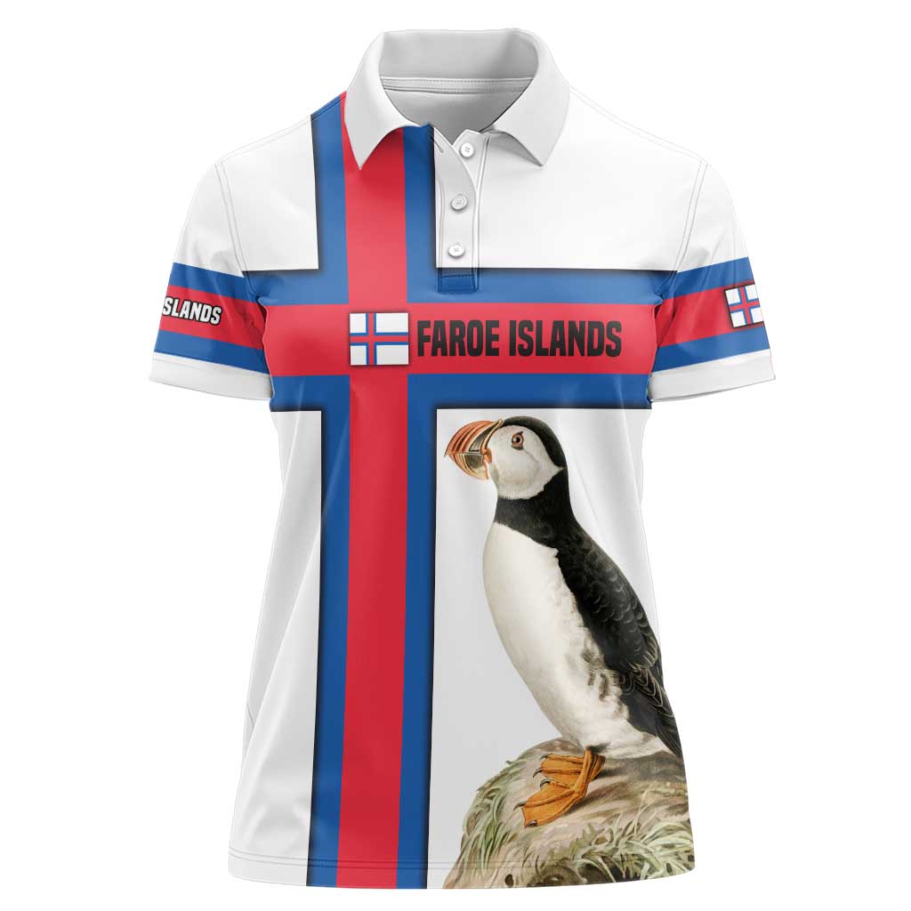 Faroe Islands Women Polo Shirt with Red Blue Cross Design and Puffin Bird - Wonder Print Shop