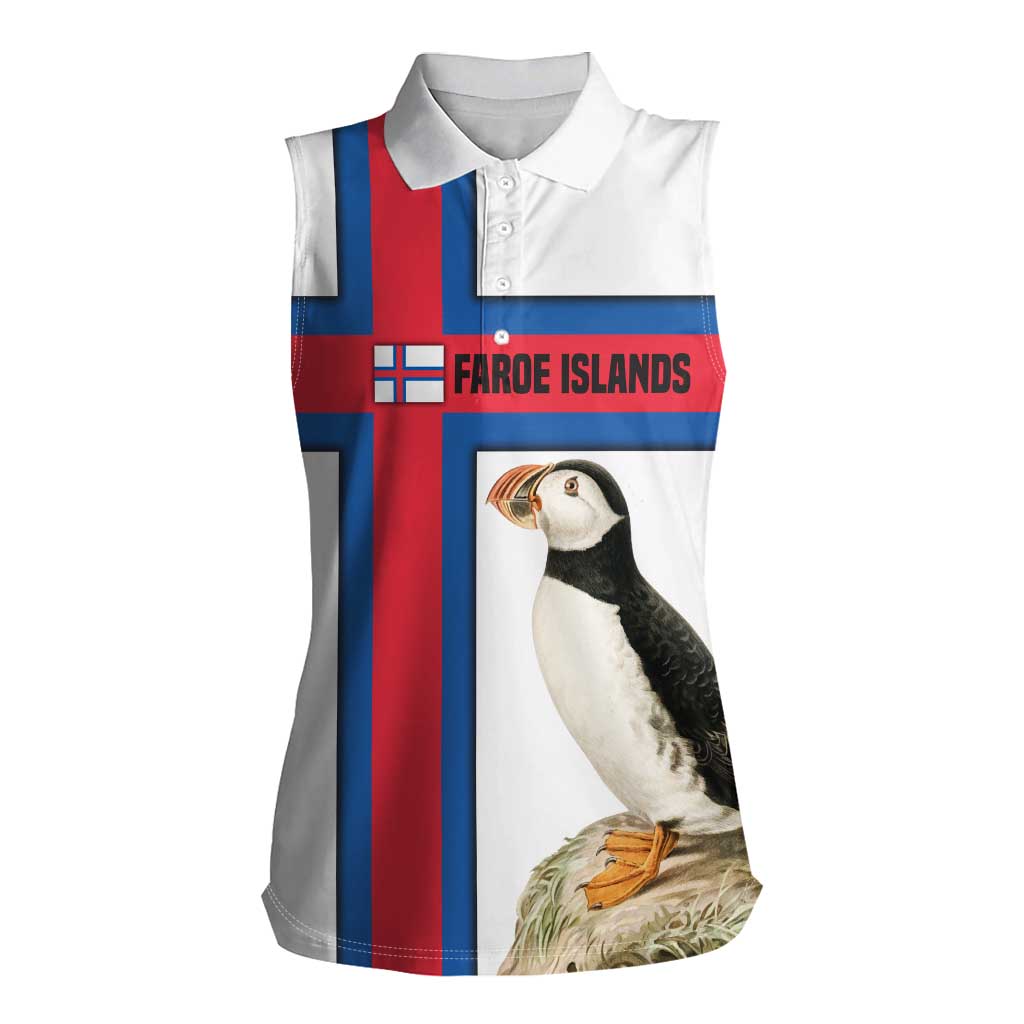 Faroe Islands Women Sleeveless Polo Shirt with Red Blue Cross Design and Puffin Bird - Wonder Print Shop