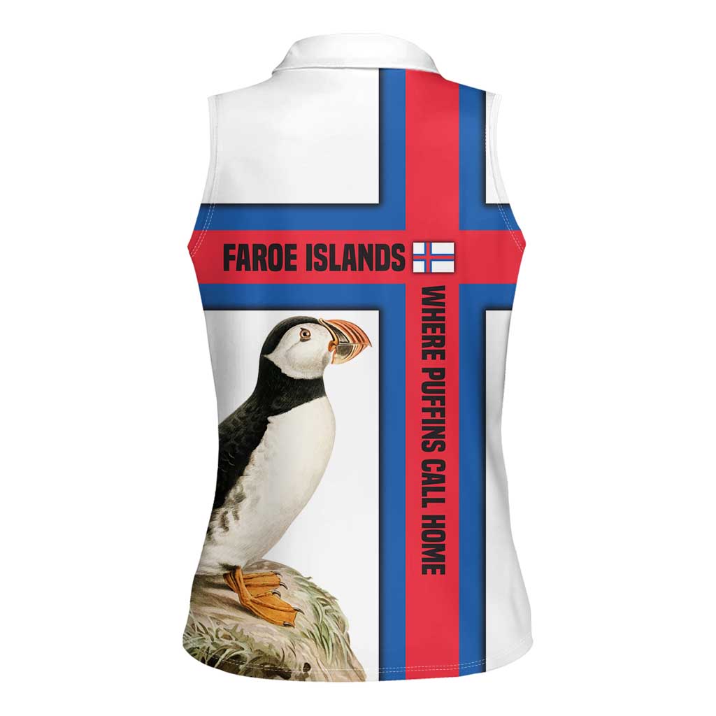Faroe Islands Women Sleeveless Polo Shirt with Red Blue Cross Design and Puffin Bird - Wonder Print Shop