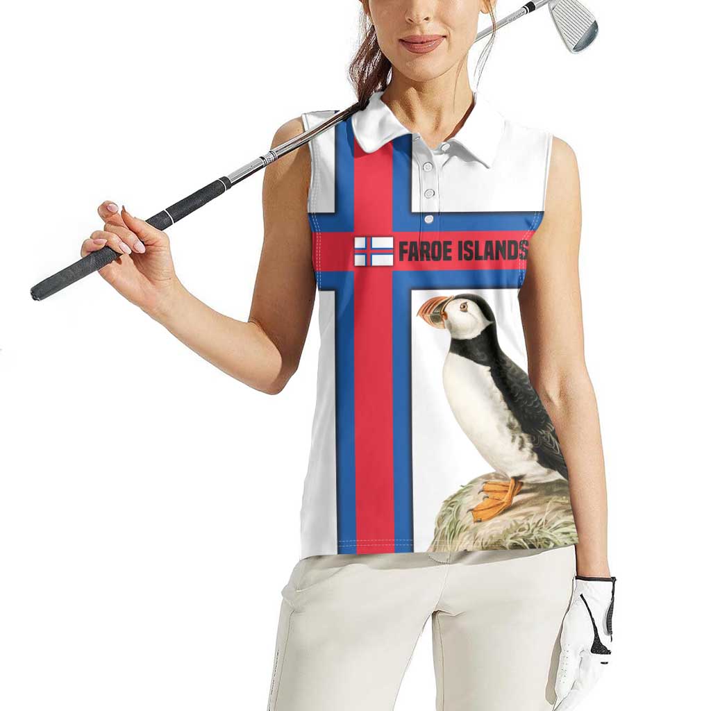 Faroe Islands Women Sleeveless Polo Shirt with Red Blue Cross Design and Puffin Bird - Wonder Print Shop