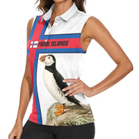 Faroe Islands Women Sleeveless Polo Shirt with Red Blue Cross Design and Puffin Bird - Wonder Print Shop