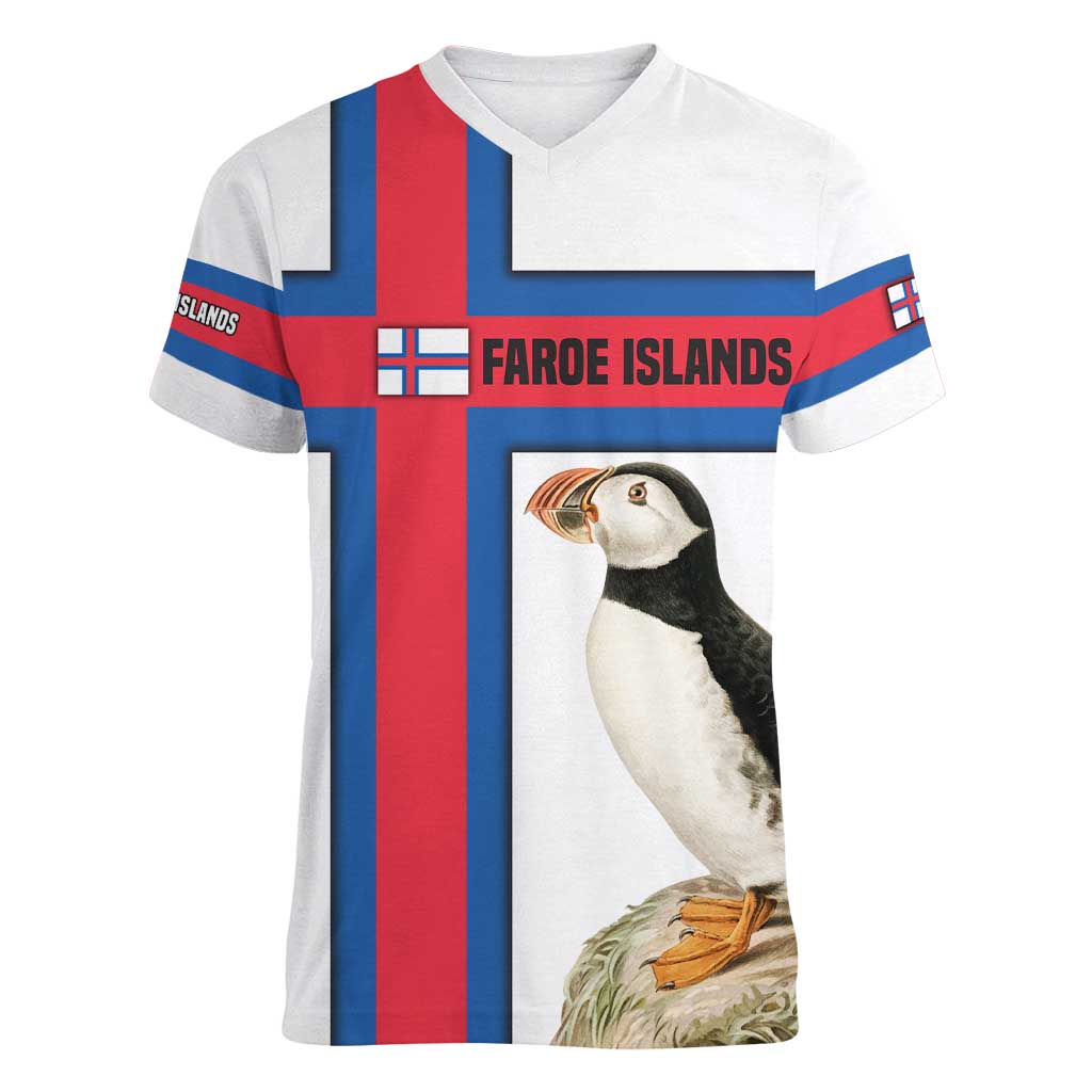 Faroe Islands Women V-Neck T-Shirt with Red Blue Cross Design and Puffin Bird - Wonder Print Shop