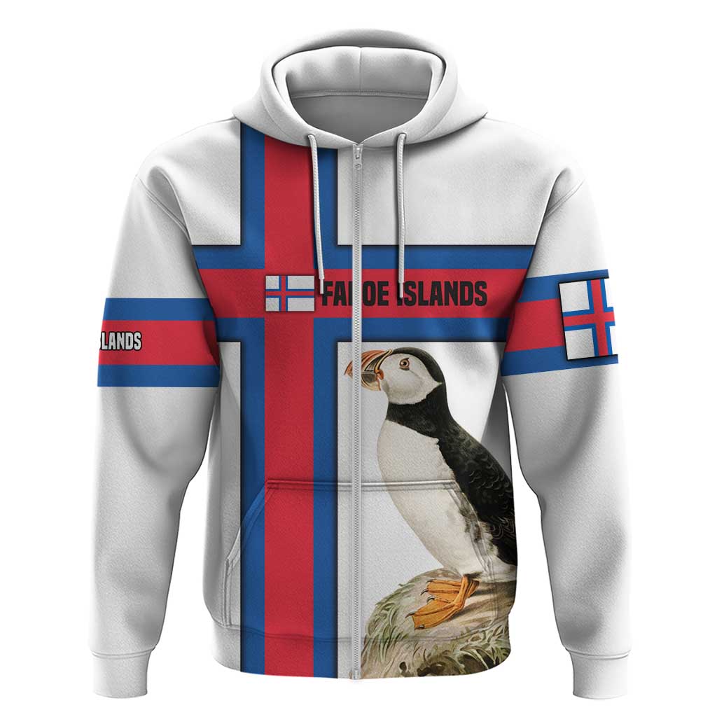 Faroe Islands Zip Hoodie with Red Blue Cross Design and Puffin Bird - Wonder Print Shop