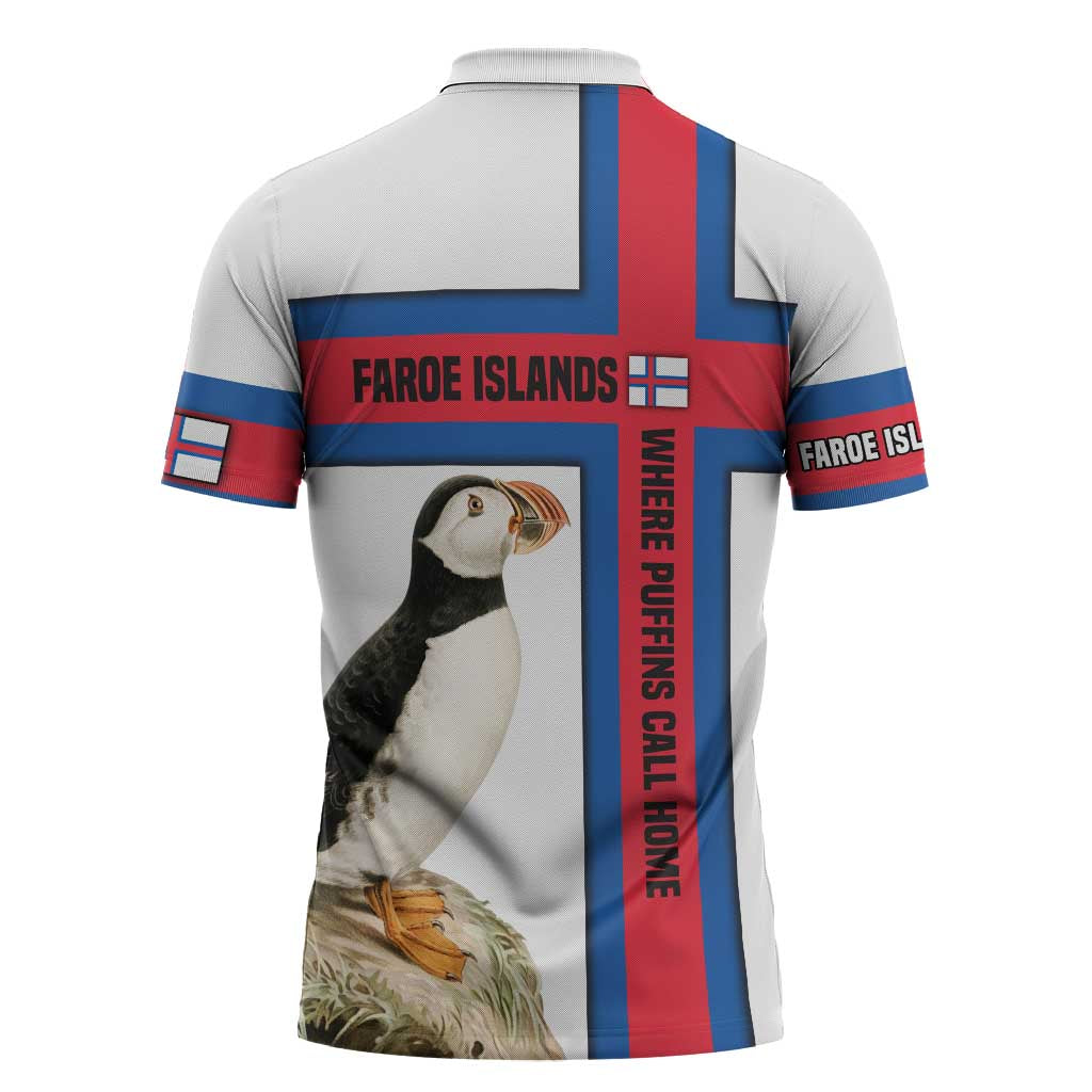 Faroe Islands Zipper Polo Shirt with Red Blue Cross Design and Puffin Bird - Wonder Print Shop