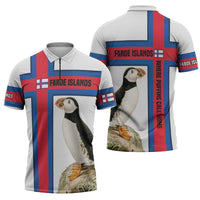 Faroe Islands Zipper Polo Shirt with Red Blue Cross Design and Puffin Bird - Wonder Print Shop