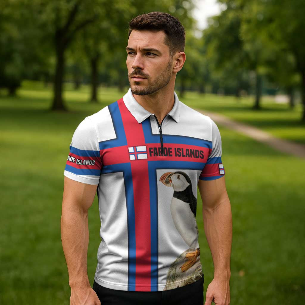 Faroe Islands Zipper Polo Shirt with Red Blue Cross Design and Puffin Bird - Wonder Print Shop