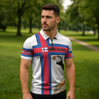 Faroe Islands Zipper Polo Shirt with Red Blue Cross Design and Puffin Bird - Wonder Print Shop