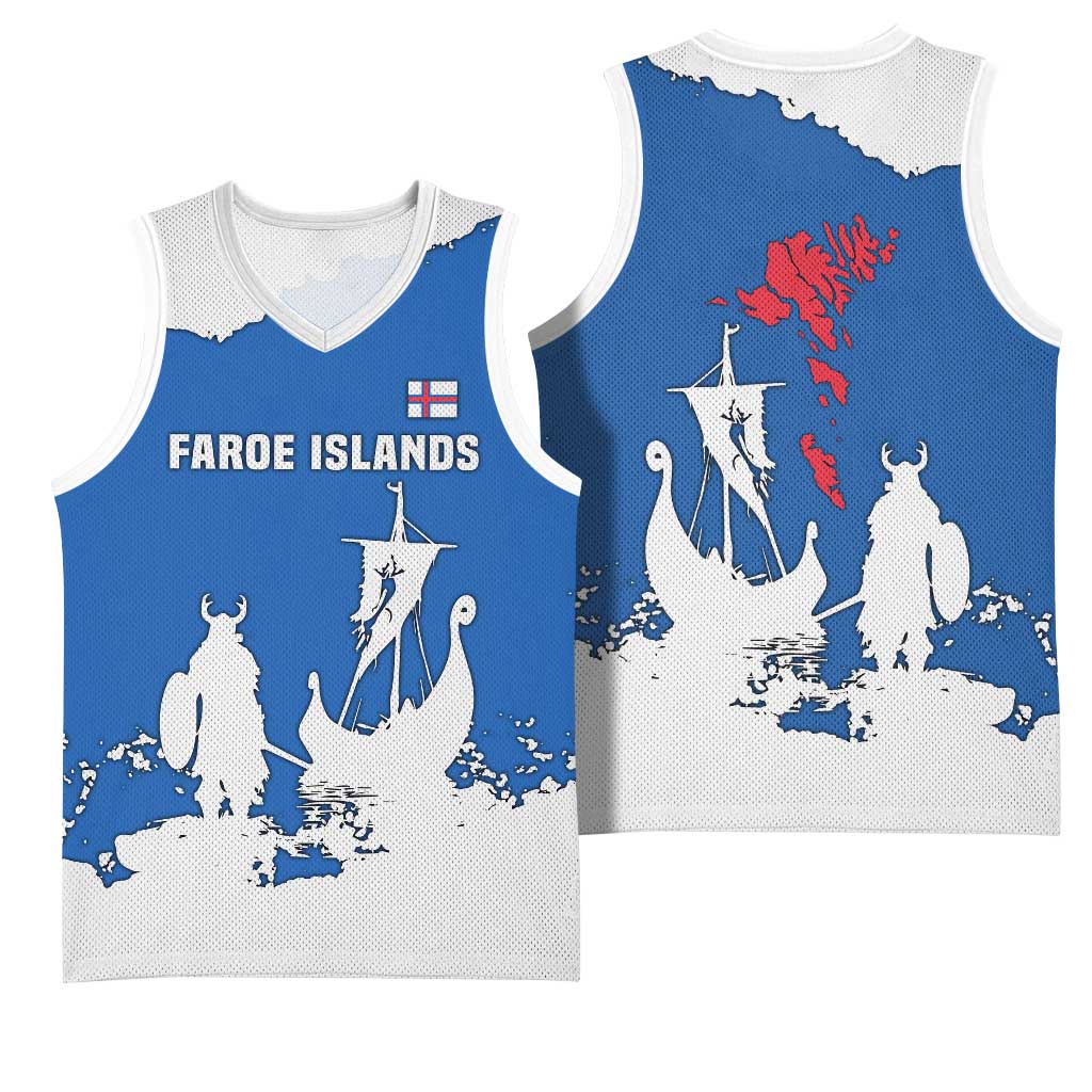 Faroe Islands Basketball Jersey with Viking Ship and Map Silhouette - Wonder Print Shop
