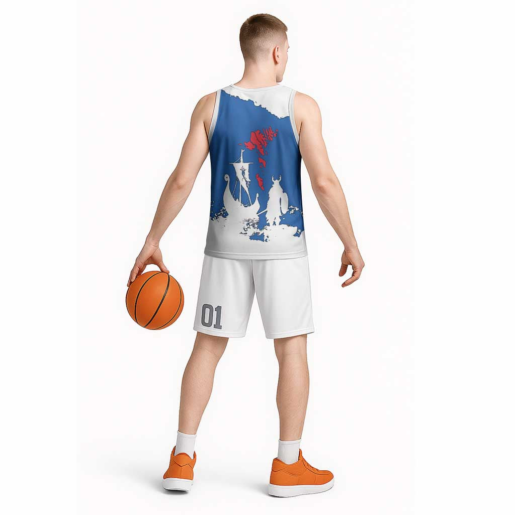 Faroe Islands Basketball Jersey with Viking Ship and Map Silhouette - Wonder Print Shop