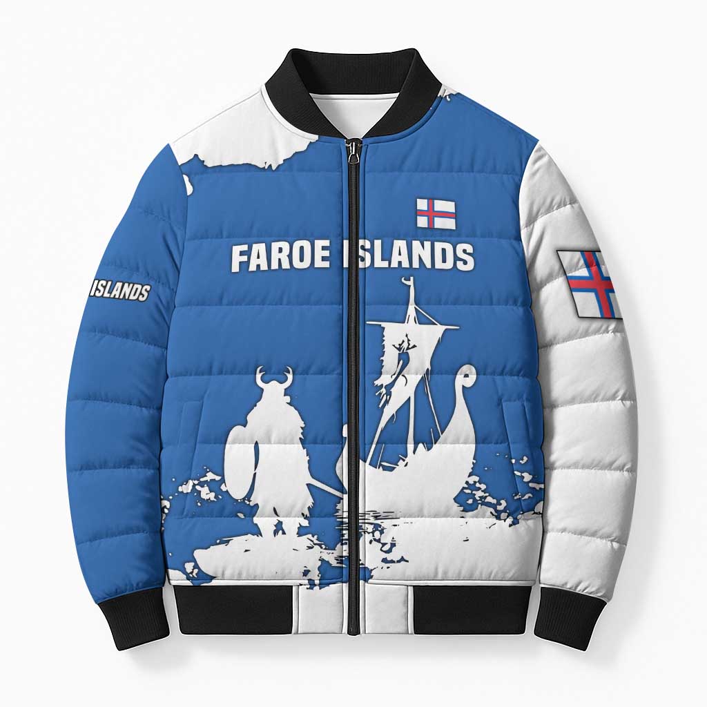 Faroe Islands Bomber Puffer Jacket with Viking Ship and Map Silhouette - Wonder Print Shop