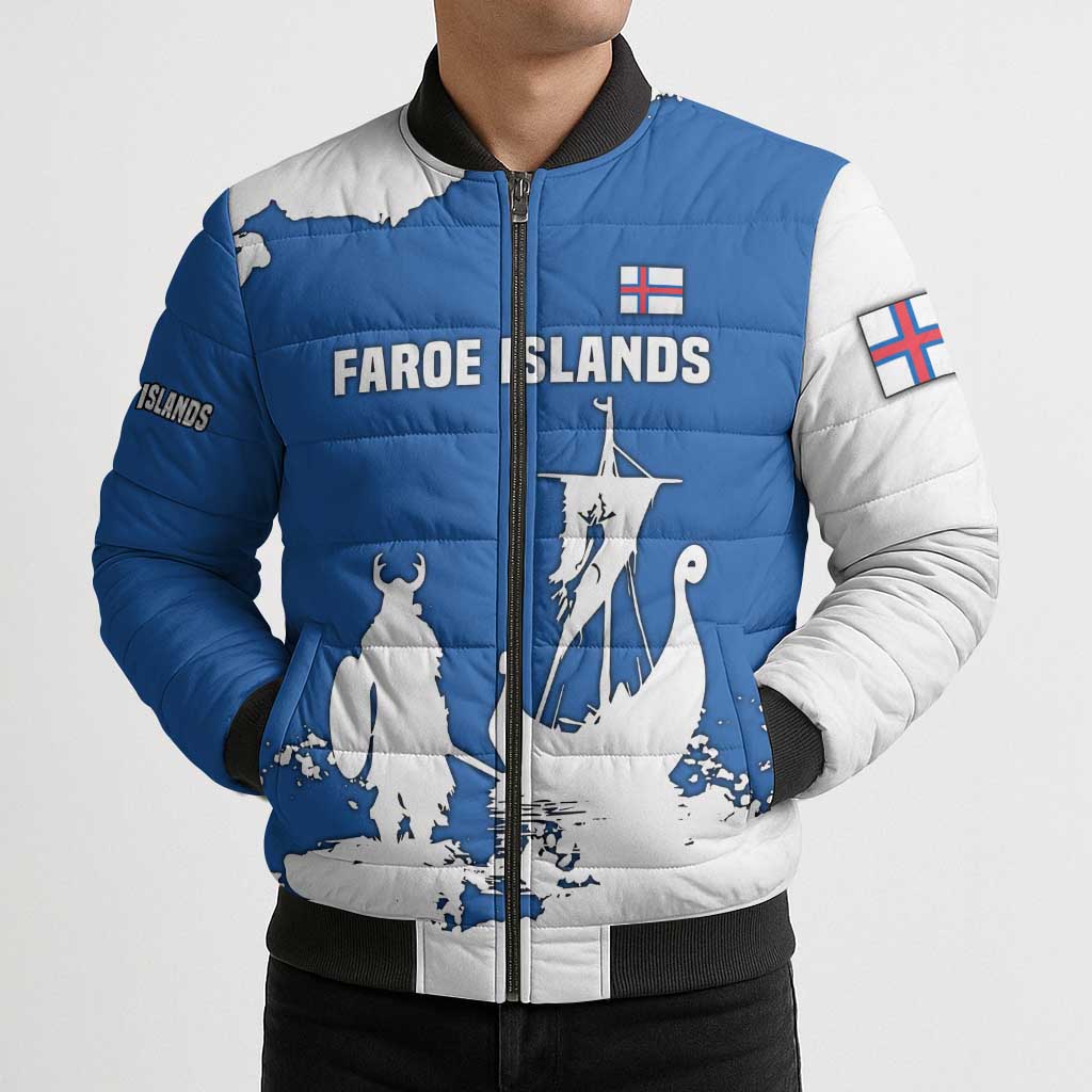 Faroe Islands Bomber Puffer Jacket with Viking Ship and Map Silhouette - Wonder Print Shop