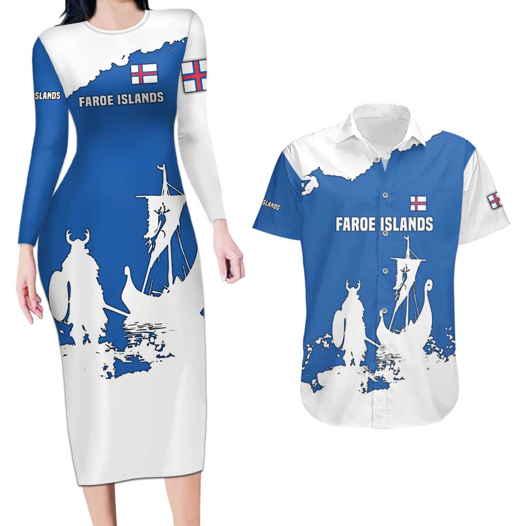 Faroe Islands Couples Matching Long Sleeve Bodycon Dress and Hawaiian Shirt with Viking Ship and Map Silhouette - Wonder Print Shop