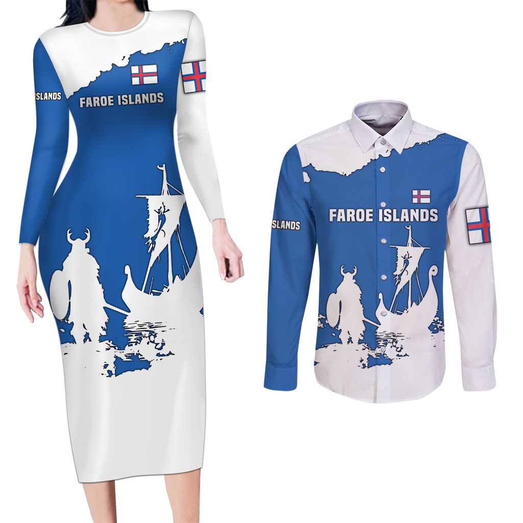 Faroe Islands Couples Matching Long Sleeve Bodycon Dress and Long Sleeve Button Shirt with Viking Ship and Map Silhouette - Wonder Print Shop