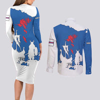 Faroe Islands Couples Matching Long Sleeve Bodycon Dress and Long Sleeve Button Shirt with Viking Ship and Map Silhouette - Wonder Print Shop