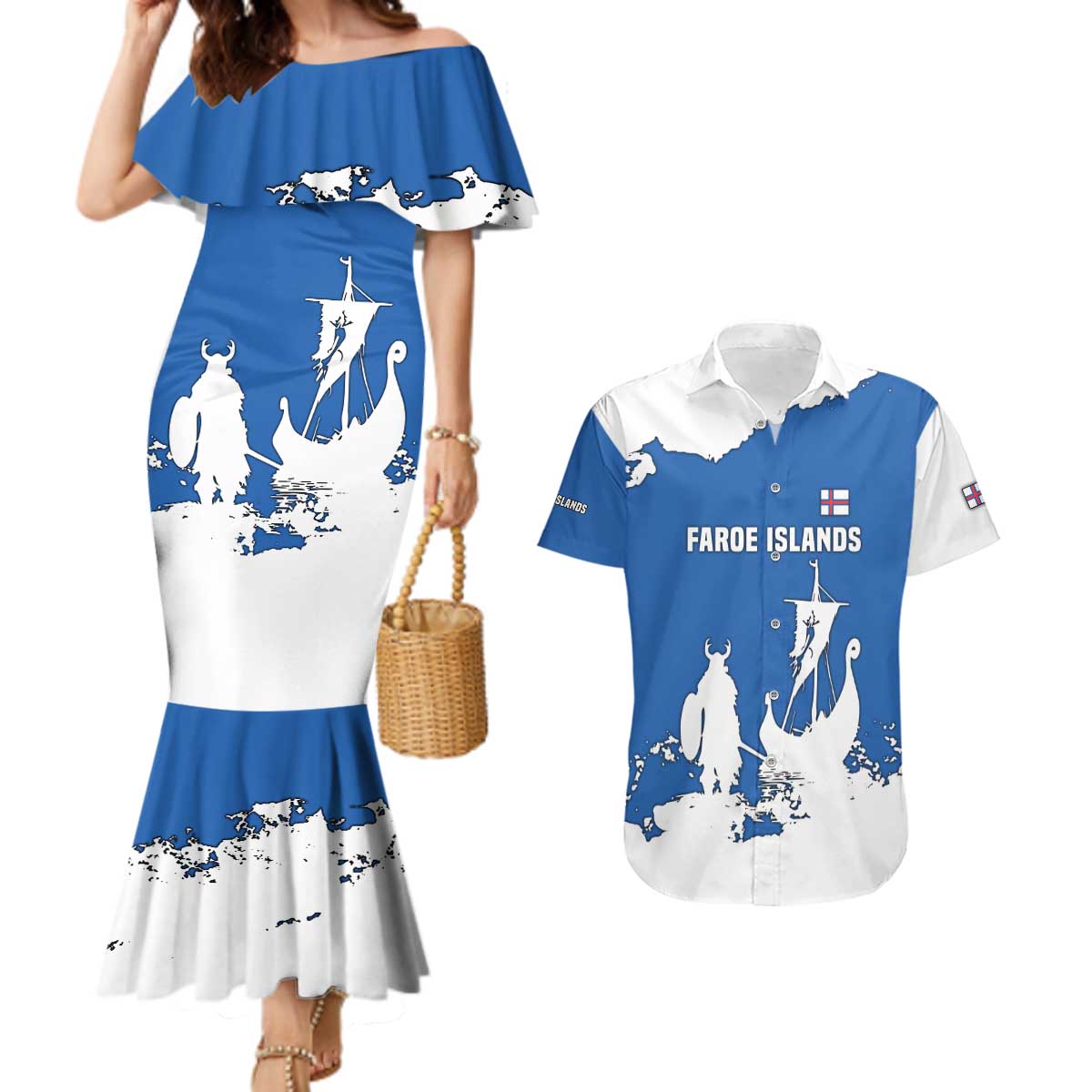 Faroe Islands Couples Matching Mermaid Dress and Hawaiian Shirt with Viking Ship and Map Silhouette - Wonder Print Shop