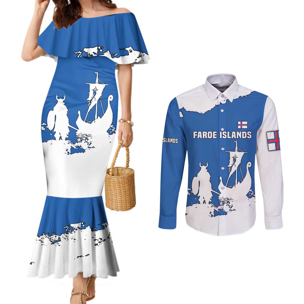 Faroe Islands Couples Matching Mermaid Dress and Long Sleeve Button Shirt with Viking Ship and Map Silhouette - Wonder Print Shop