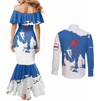 Faroe Islands Couples Matching Mermaid Dress and Long Sleeve Button Shirt with Viking Ship and Map Silhouette - Wonder Print Shop