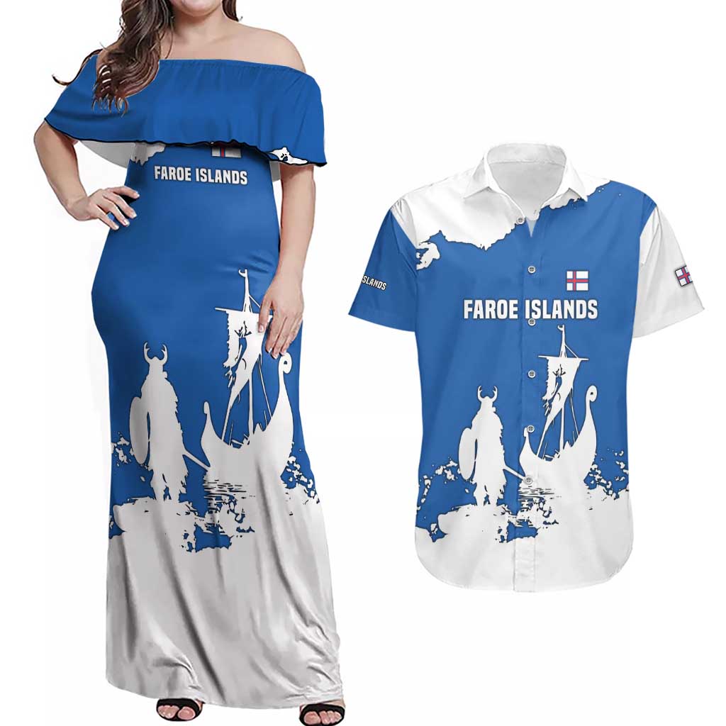 Faroe Islands Couples Matching Off Shoulder Maxi Dress and Hawaiian Shirt with Viking Ship and Map Silhouette - Wonder Print Shop