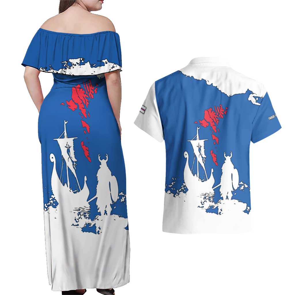 Faroe Islands Couples Matching Off Shoulder Maxi Dress and Hawaiian Shirt with Viking Ship and Map Silhouette - Wonder Print Shop