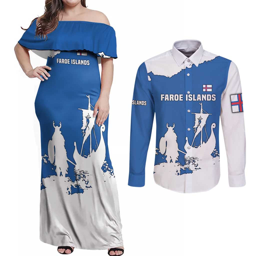Faroe Islands Couples Matching Off Shoulder Maxi Dress and Long Sleeve Button Shirt with Viking Ship and Map Silhouette - Wonder Print Shop