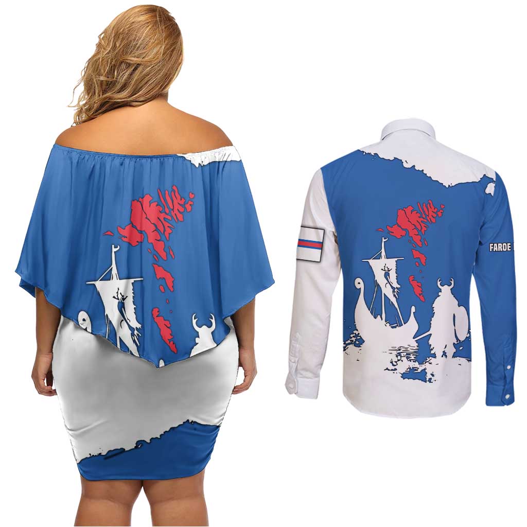 Faroe Islands Couples Matching Off Shoulder Short Dress and Long Sleeve Button Shirt with Viking Ship and Map Silhouette - Wonder Print Shop