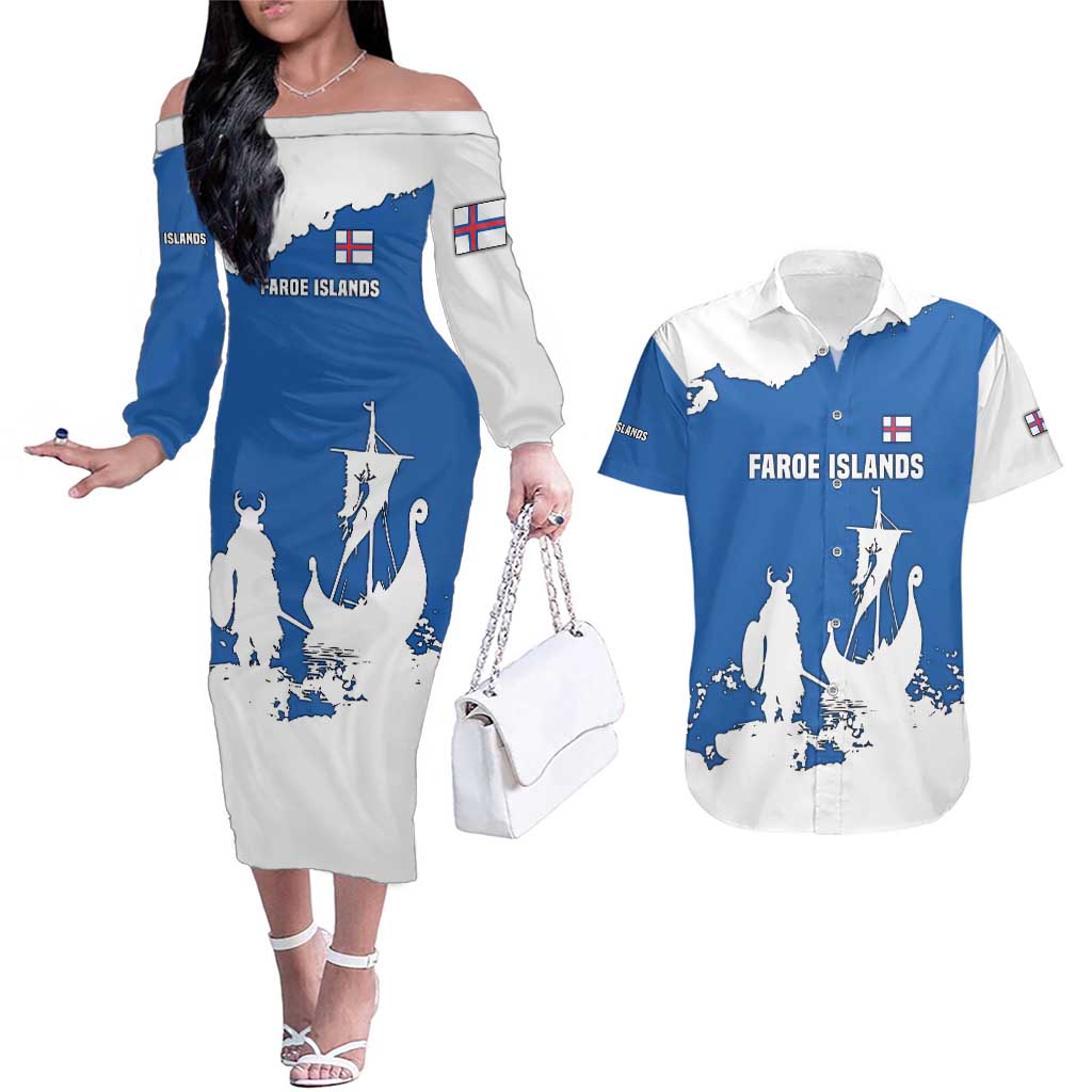 Faroe Islands Couples Matching Off The Shoulder Long Sleeve Dress and Hawaiian Shirt with Viking Ship and Map Silhouette - Wonder Print Shop
