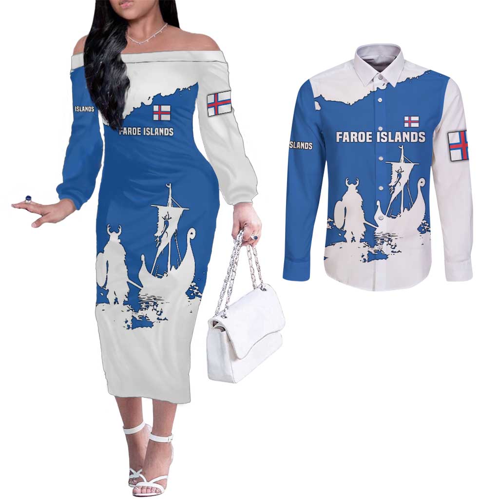 Faroe Islands Couples Matching Off The Shoulder Long Sleeve Dress and Long Sleeve Button Shirt with Viking Ship and Map Silhouette - Wonder Print Shop