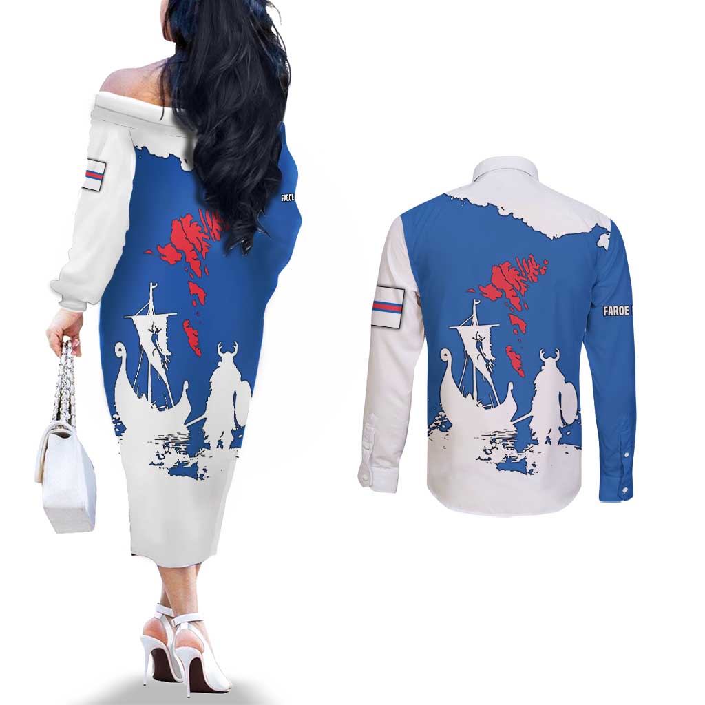 Faroe Islands Couples Matching Off The Shoulder Long Sleeve Dress and Long Sleeve Button Shirt with Viking Ship and Map Silhouette - Wonder Print Shop