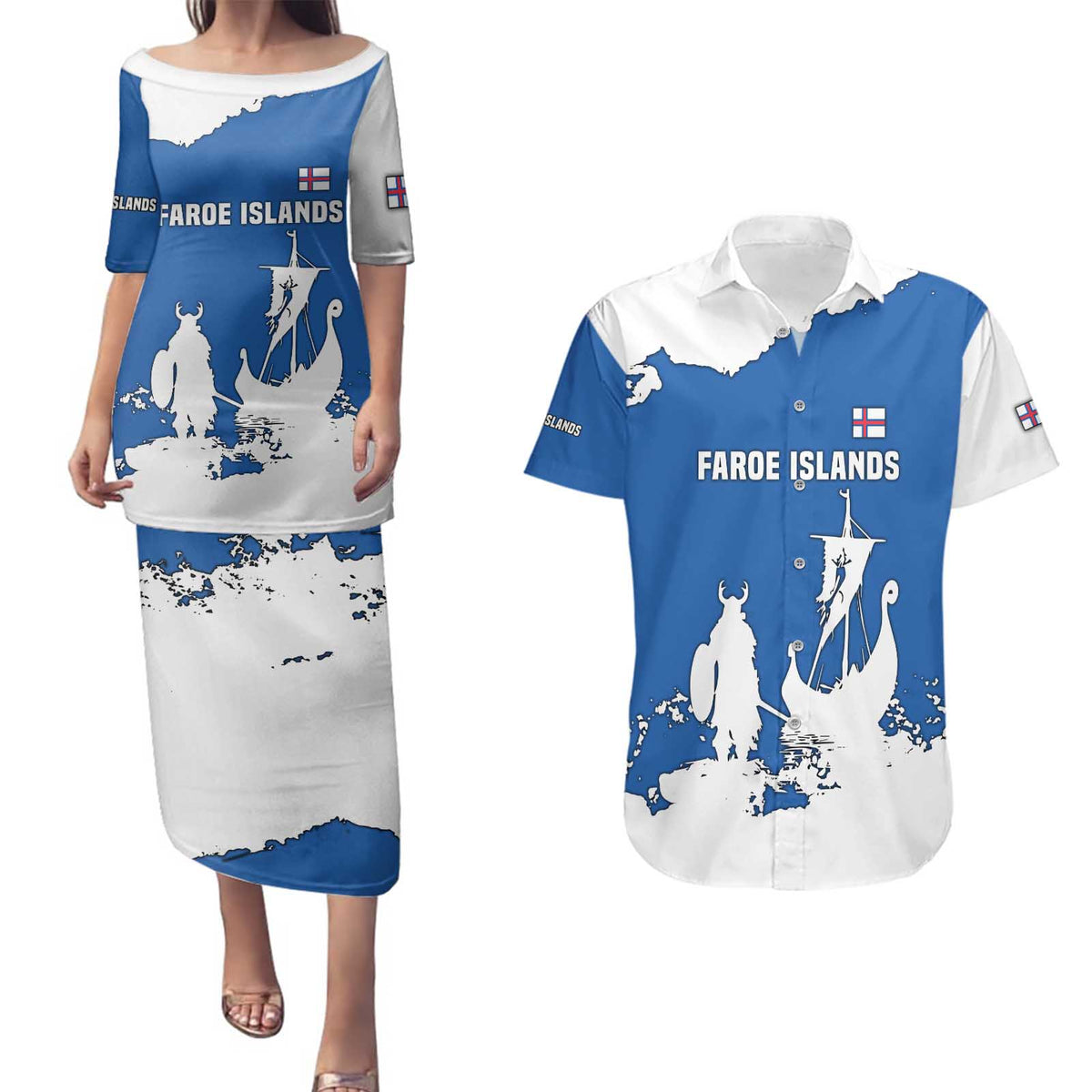 Faroe Islands Couples Matching Puletasi and Hawaiian Shirt with Viking Ship and Map Silhouette - Wonder Print Shop
