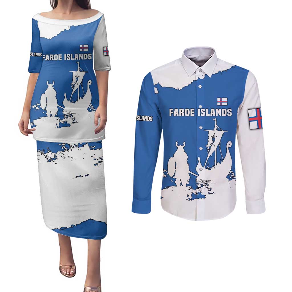 Faroe Islands Couples Matching Puletasi and Long Sleeve Button Shirt with Viking Ship and Map Silhouette - Wonder Print Shop