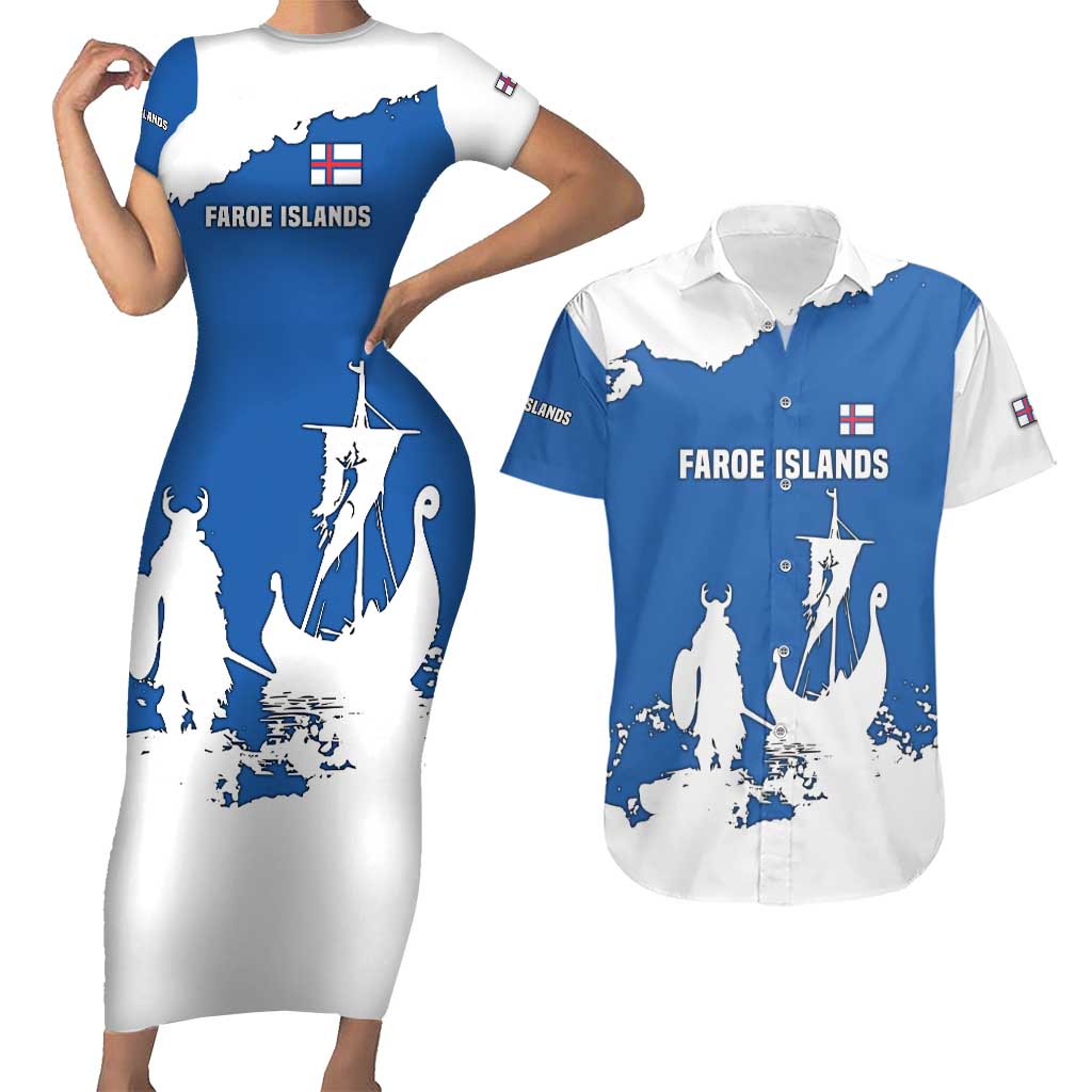 Faroe Islands Couples Matching Short Sleeve Bodycon Dress and Hawaiian Shirt with Viking Ship and Map Silhouette - Wonder Print Shop